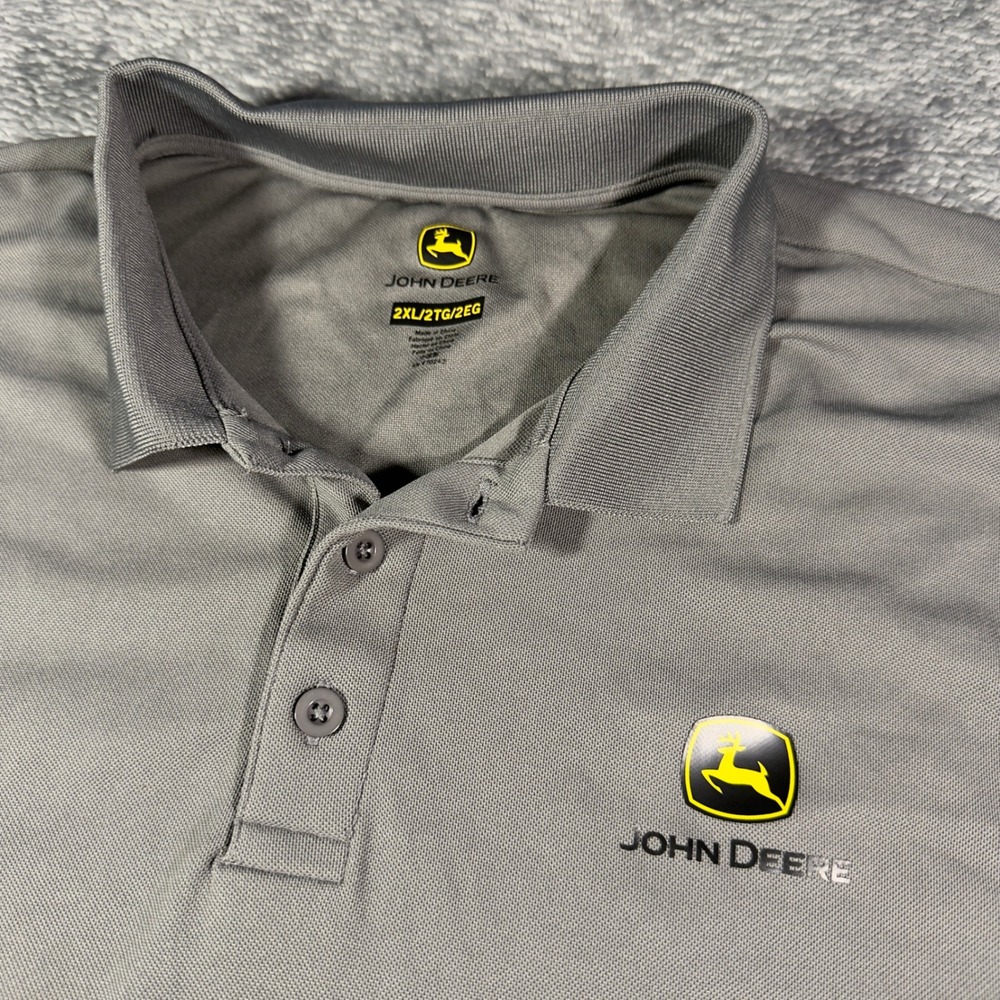 John Deere Mens 2XL Gray Short Sleeve Performance Polo Shirt Logo Graphic